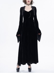 Gothic Embroidered Fringe Prothorax Pleated Flared Sleeve Black Dresses Female