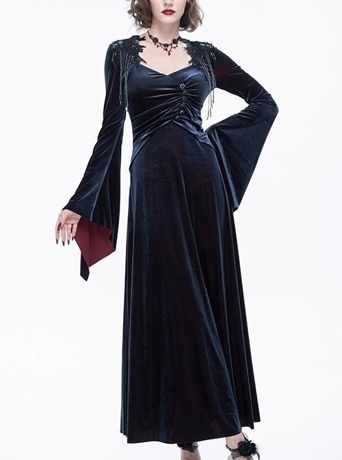 Black-Red Embroidered Fringe Prothorax Pleated Flared Sleeve Gothic Dresses Female