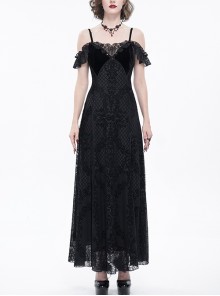 Black Off Shoulder Ruffled Velvet Lace Double Layer Slit Goth Dresses Female