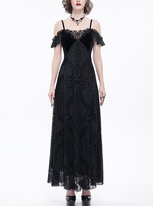 Black Off Shoulder Ruffled Velvet Lace Double Layer Slit Goth Dresses Female