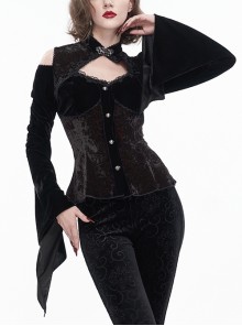 Black-Red Velvet Off-The-Shoulder Cutout Metal Button Flared Sleeve Lace-Up Goth Shirt Female