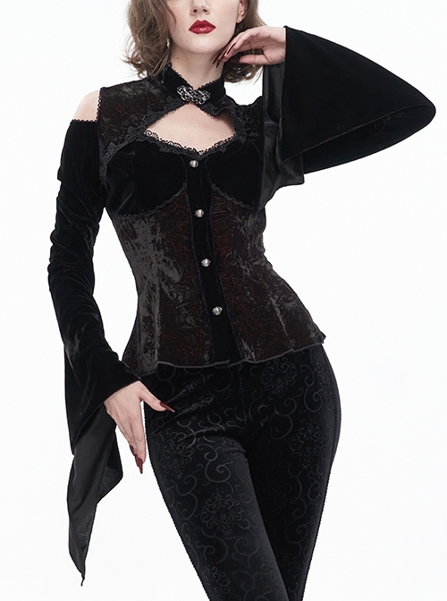 Black-Red Velvet Off-The-Shoulder Cutout Metal Button Flared Sleeve Lace-Up Goth Shirt Female
