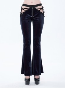Gothic Black-Red Velvet Low-Rise Ribbon Cutout Flare Pants Female