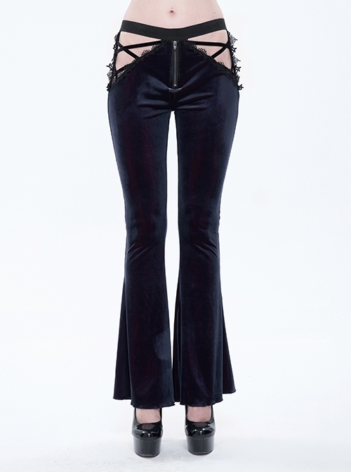Gothic Black-Red Velvet Low-Rise Ribbon Cutout Flare Pants Female