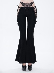 Gothic Black Low-Rise Lace Gem-Embellished Bilateral Lace-Up Cutout Flared Pants Female