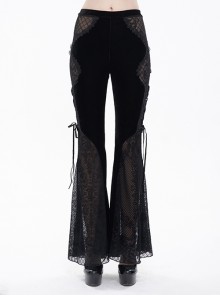 Gothic Translucent Velvet Jacquard Sexy Panel Lace-Up Plaid Black Flared Pants Female