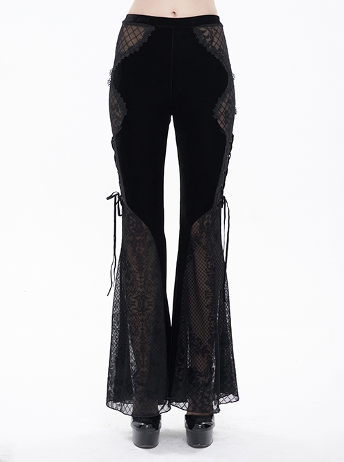 Gothic Translucent Velvet Jacquard Sexy Panel Lace-Up Plaid Black Flared Pants Female