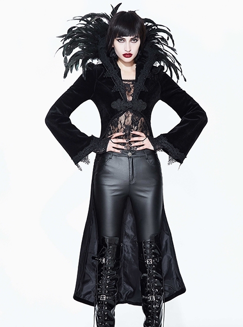 Black Exaggerated Lace Feather Stand-Up Collar Guofeng Button Front Short Back Long Gothic Velvet Coat Female