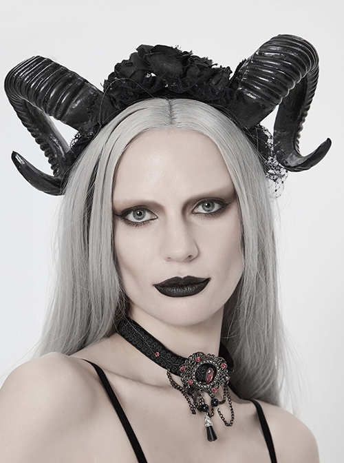 Black Rose Lace Black Pearl Embellished Devil Shofar Gothic Headband