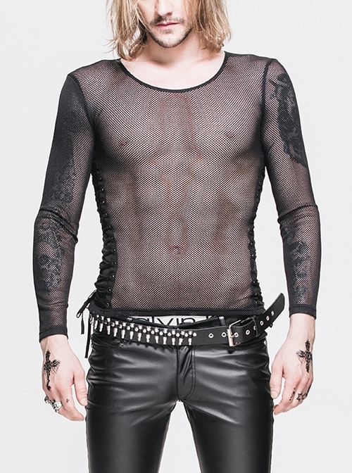 Black Crew Neck See-Through Sexy Mesh Double Tie Punk T-Shirt