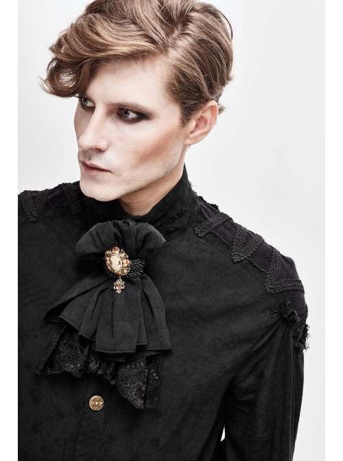 Black Gothic Fringe Jacquard Cotton Linen Lace Hem Bow Tie