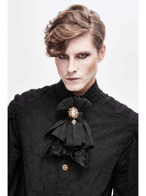 Black Gothic Fringe Jacquard Cotton Linen Lace Hem Bow Tie