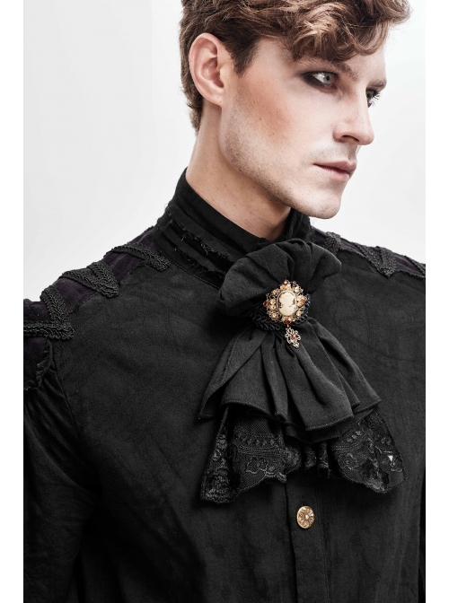 Black Gothic Fringe Jacquard Cotton Linen Lace Hem Bow Tie