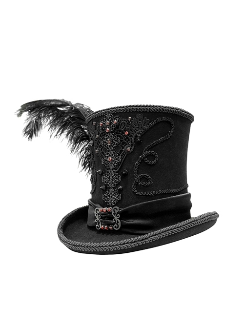 Black Gothic Red Glass Diamonds Decoration Lace Ribbon Felted Wool Feather Top Hats