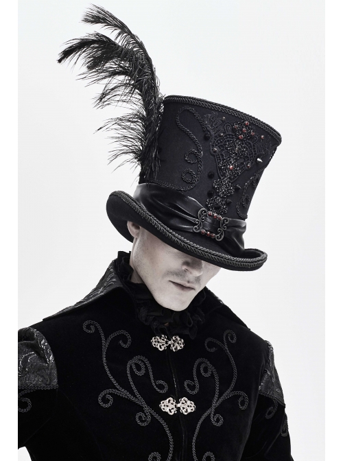 Black Gothic Red Glass Diamonds Decoration Lace Ribbon Felted Wool Feather Top Hats