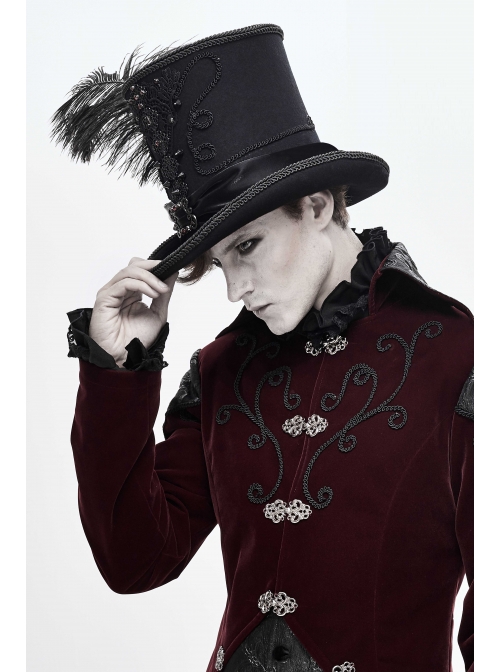 Black Gothic Red Glass Diamonds Decoration Lace Ribbon Felted Wool Feather Top Hats