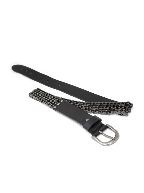 Black Punk Metal Studs Decorated Slightly Distressed Buckle Bicycle Chain Motorcycle Calfskin Leather Belt