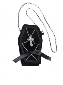 Gothic One Shoulder Metal Chain Cross Embroidery Mini Black Canvas Bag