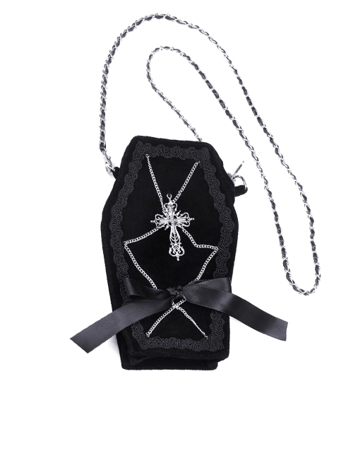 Gothic One Shoulder Metal Chain Cross Embroidery Mini Black Canvas Bag