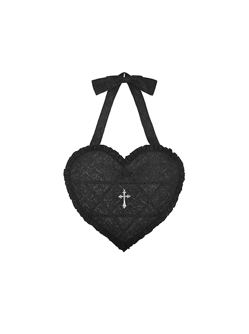 Gothic Black Jacquard Cross Lace Heart Shoulder Bag