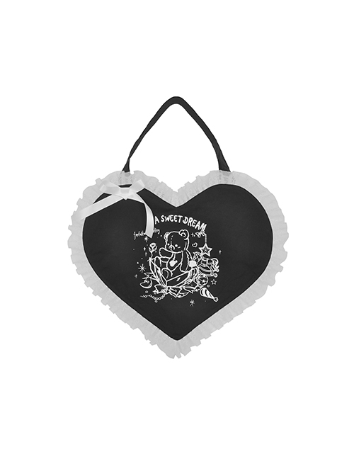 White Printed Bear Lace Bow Gothic Black Heart-shaped Handbag