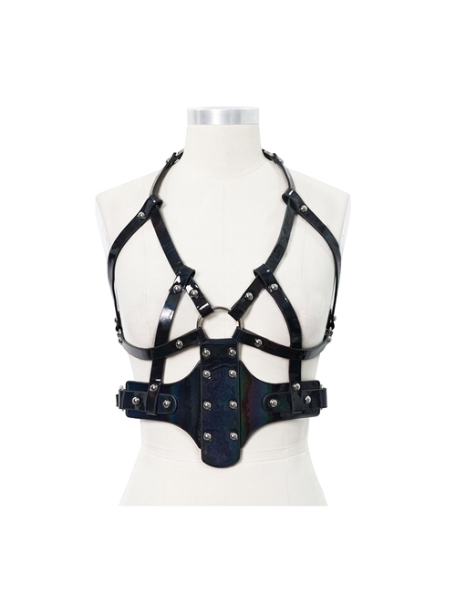 Black Adjustable Halterneck Elastic Ribbon Punk Fantasy Color Composite Thick Leather Harness
