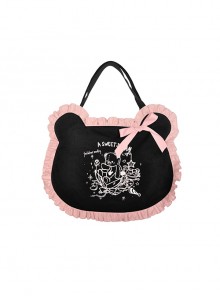 White Print Bear Pink Lace Bow Bear Shape Black Tote Bag
