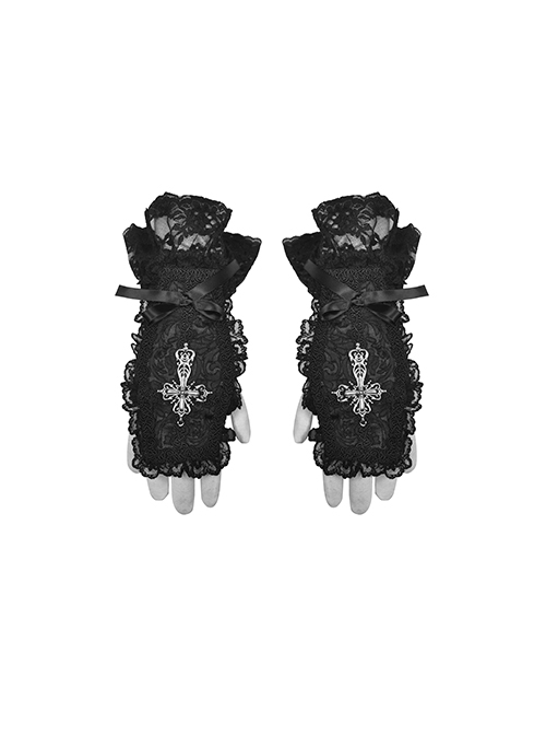 Cross Embroidery Gothic Lolita Black Lace Half Finger Gloves