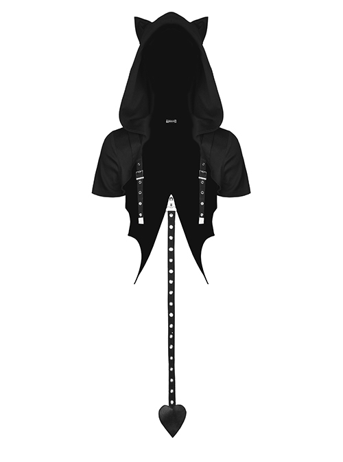 Black Cat Ears Hooded Chain Heart Tail Steampunk Short Sleeve Cape