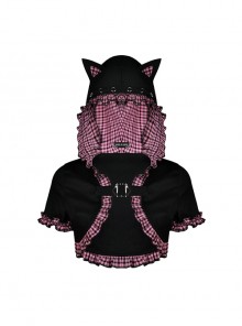 Black Gothic Lolita Pink Lace Plaid Cat Ears Hooded Short Sleeve Cape