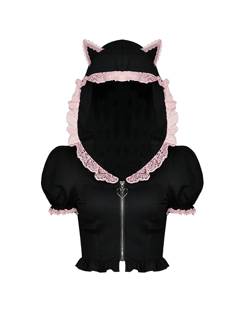 Pink Lace Alternative Fashion Black Cat Ears Heart Zipper Top