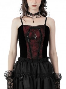 Gothic Funeral Lace Crimson Embroidered Print Death Cross Top