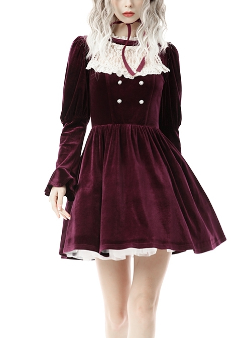 Red Retro Elegant Court Gorgeous Lace Long Sleeve Princess Dress