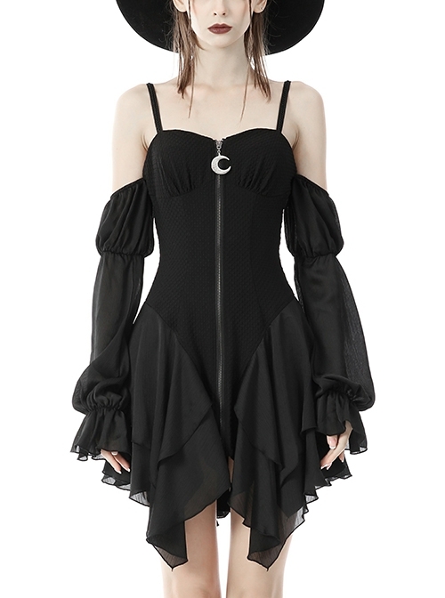 Black Sexy Off Shoulder Long Sleeve Sling Moon Zip Dress