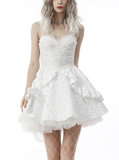 White Gorgeous Bubble Off-Shoulder Tie Jacquard Ruffle High-Low Wedding Dress