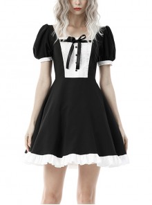 Magic Doll White Lace Jacquard Black Bow Puff Sleeve Ruffle Dress