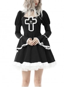 Black Cross Gothic Lolita White Ruffled Butterfly Sleeve Doll Dress
