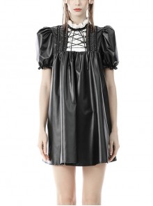Rebel Doll Black Lace Up Studded Puff Sleeves White Ruffle Dress