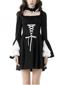 Black Gothic Lolita Doll White Drawstring Flare Sleeve Lace Dress