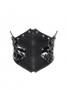 Black Adjustable Cyberpunk Bright Leather Mesh Zipper Drawstring Corset