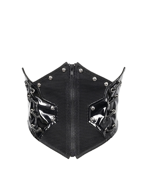 Black Adjustable Cyberpunk Bright Leather Mesh Zipper Drawstring Corset