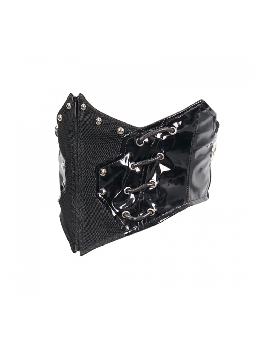 Black Adjustable Cyberpunk Bright Leather Mesh Zipper Drawstring Corset