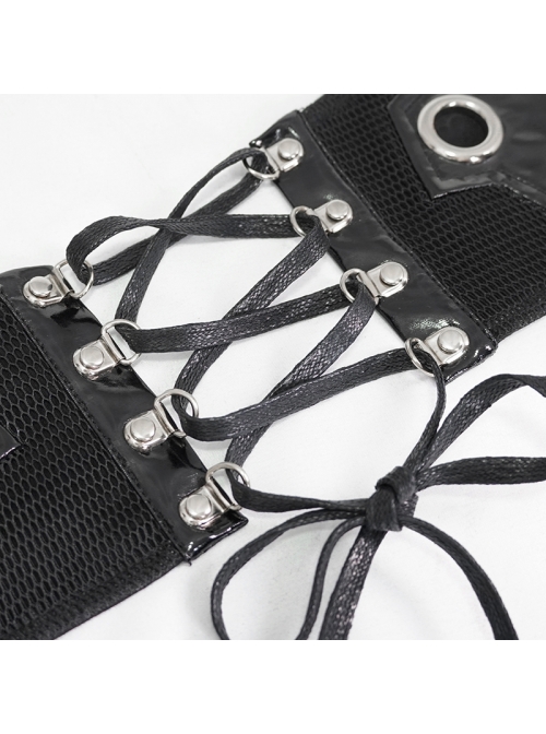 Black Adjustable Cyberpunk Bright Leather Mesh Zipper Drawstring Corset
