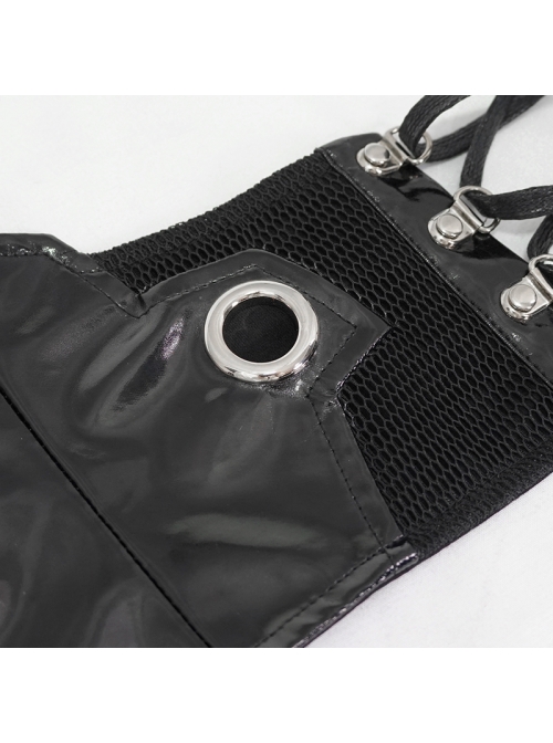 Black Adjustable Cyberpunk Bright Leather Mesh Zipper Drawstring Corset