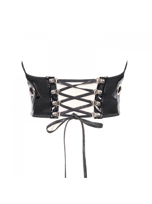 Black Adjustable Cyberpunk Bright Leather Mesh Zipper Drawstring Corset