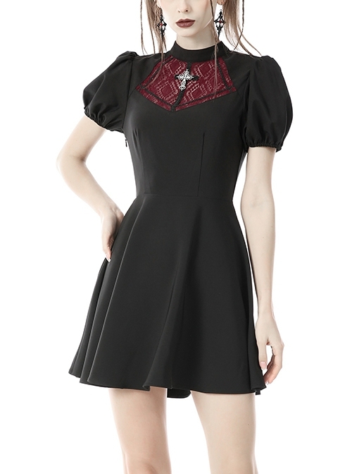 Gothic Black Puff Sleeve Red Lace Embroidered Cross Doll Dress