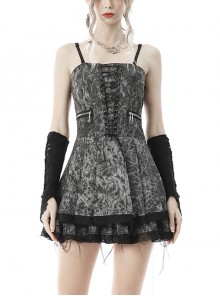 Punk Dyed Black And Grey Lace-Up Paperclip Sling Lace Swing Dress