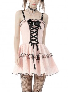Cute Pink Doll Moon Bow Ruffle Lace Sling Double Mini Dress