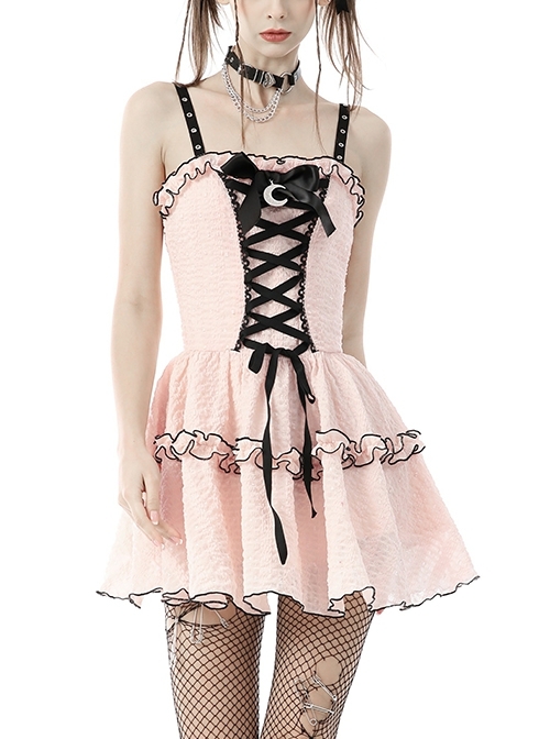 Cute Pink Doll Moon Bow Ruffle Lace Sling Double Mini Dress