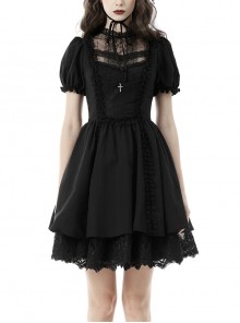 Black Gothic Cross Lolita Puff Sleeve Lace Tulle Ruffle Doll Dress